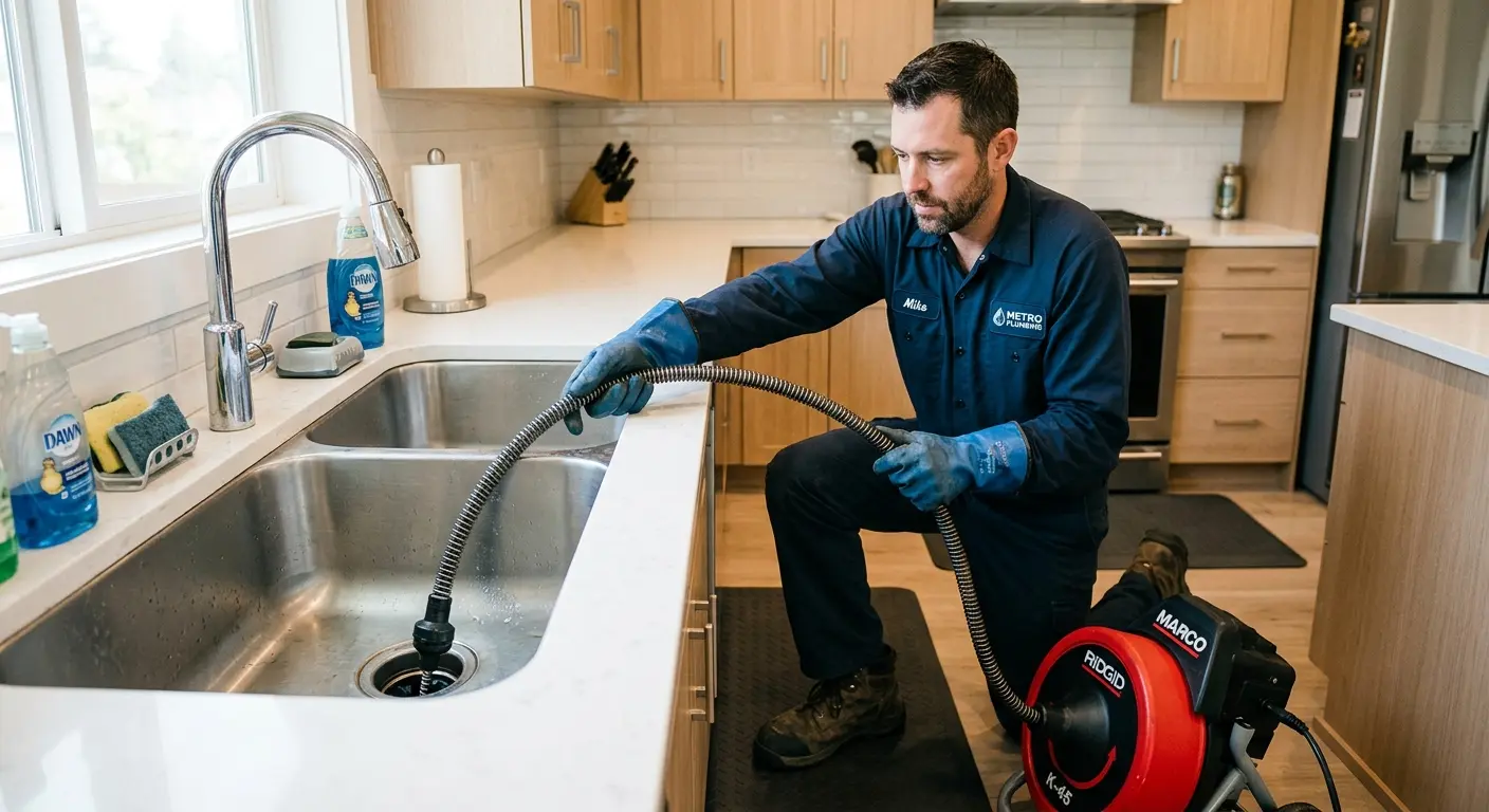 Drain cleaning technician using a motorized snake on a kitchen sink in Washington