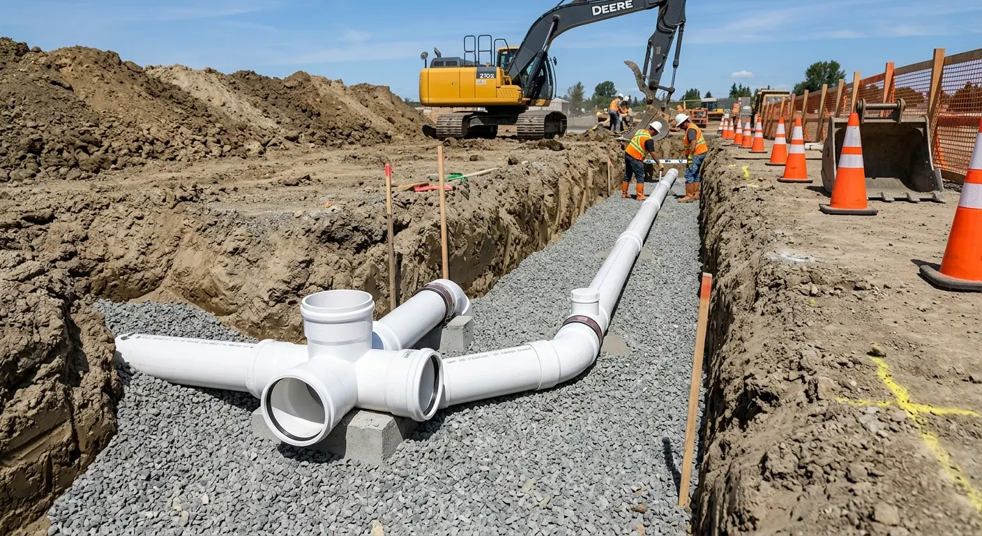 New PVC sewer pipe installation in open trench for Grease Trap Cleaning in Washington